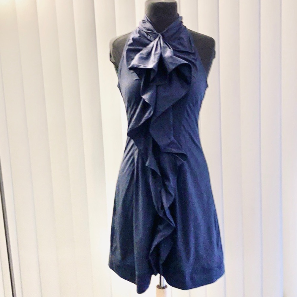 Minuet Navy Blue Ruffle Halter Neck Cocktail Mini Dress.